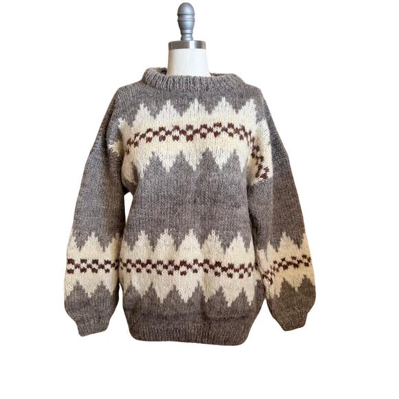 Vintage Wool Nordic Knit Sweater Gray White Brown Unisex L/XL Handmade Cozy - Picture 1 of 4